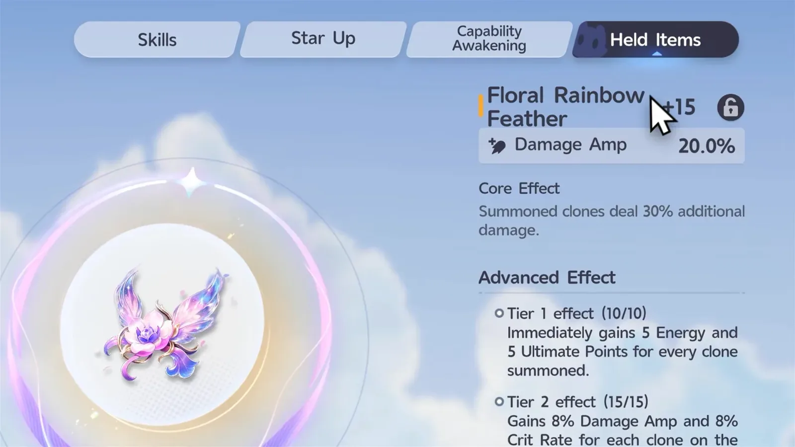 Aniimo Floral Rainbow Feather +15 with Damage Amp 20.0%, clones dealing 30% more damage and 5 Energy plus 5 Ultimate Points per clone summoned