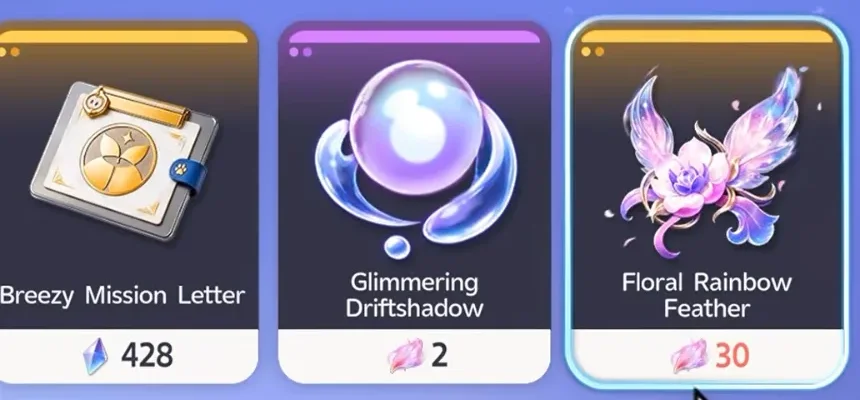 Aniimo Legendary Journey shop cards: Breezy Mission Letter for 428, Glimmering Driftshadow for 2 petals and the Floral Rainbow Feather for 30 Irisalis Petals
