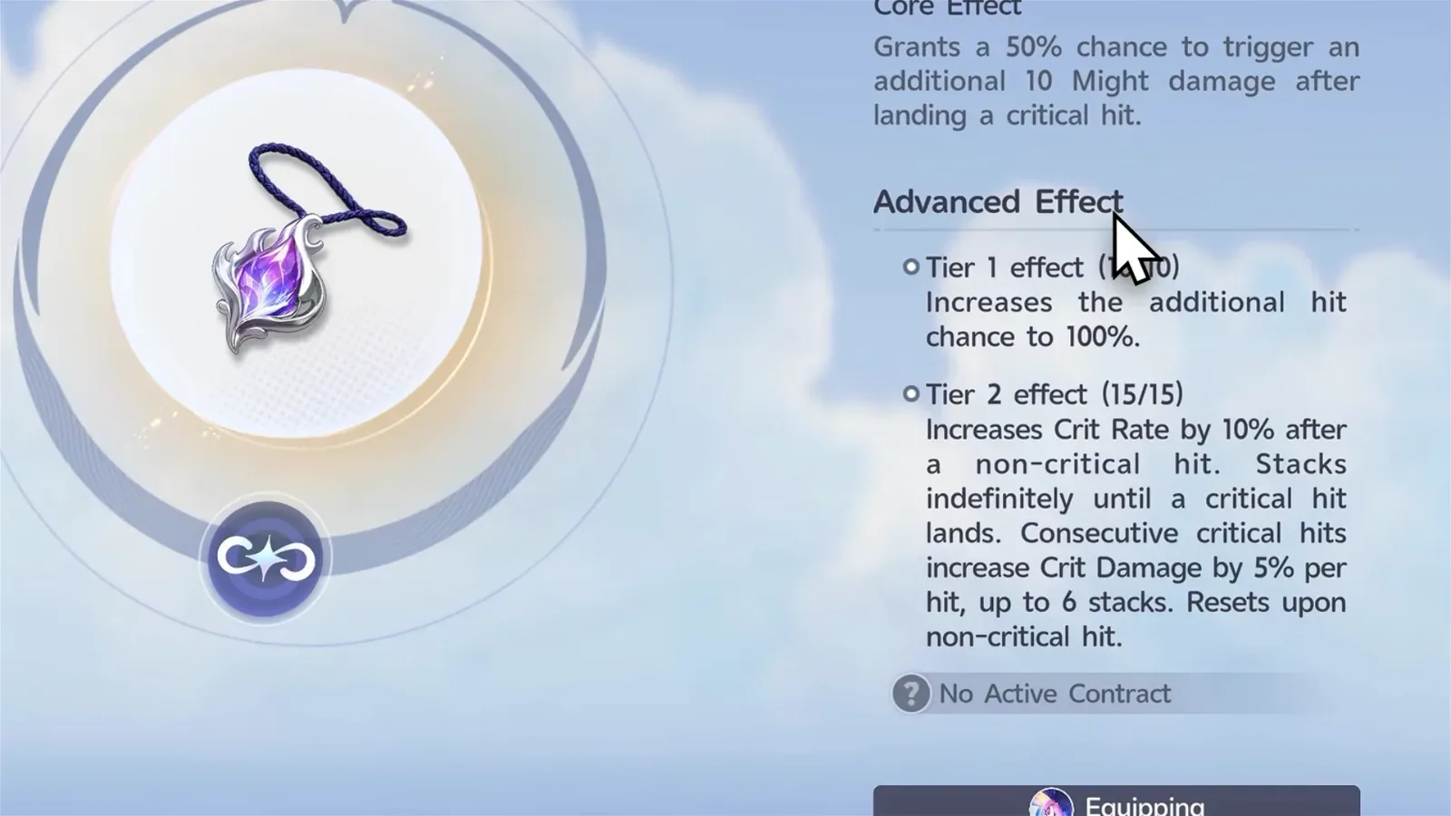 Aniimo Heartseeker Pendant card with Tier 1 at 10 of 10 raising the extra hit chance to 100% and Tier 2 at 15 of 15 adding Crit Rate and Crit Damage stacks