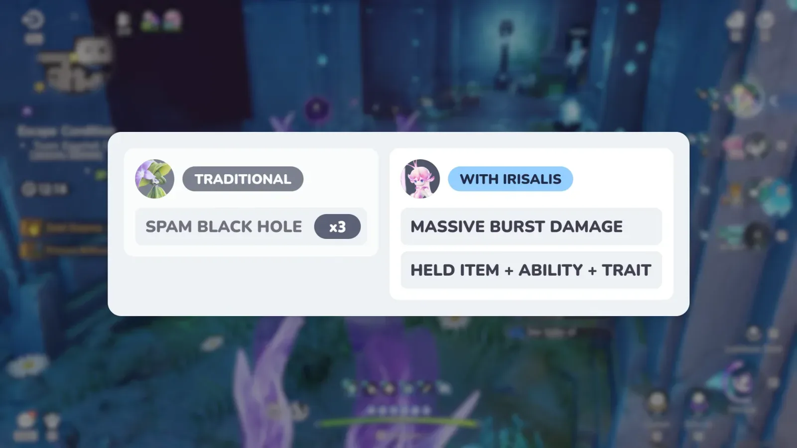 Aniimo comparison card over Egg Heist footage: Traditional Hexxin spams Black Hole x3, Hexxin with Irisalis gets massive burst damage from held item, ability and trait