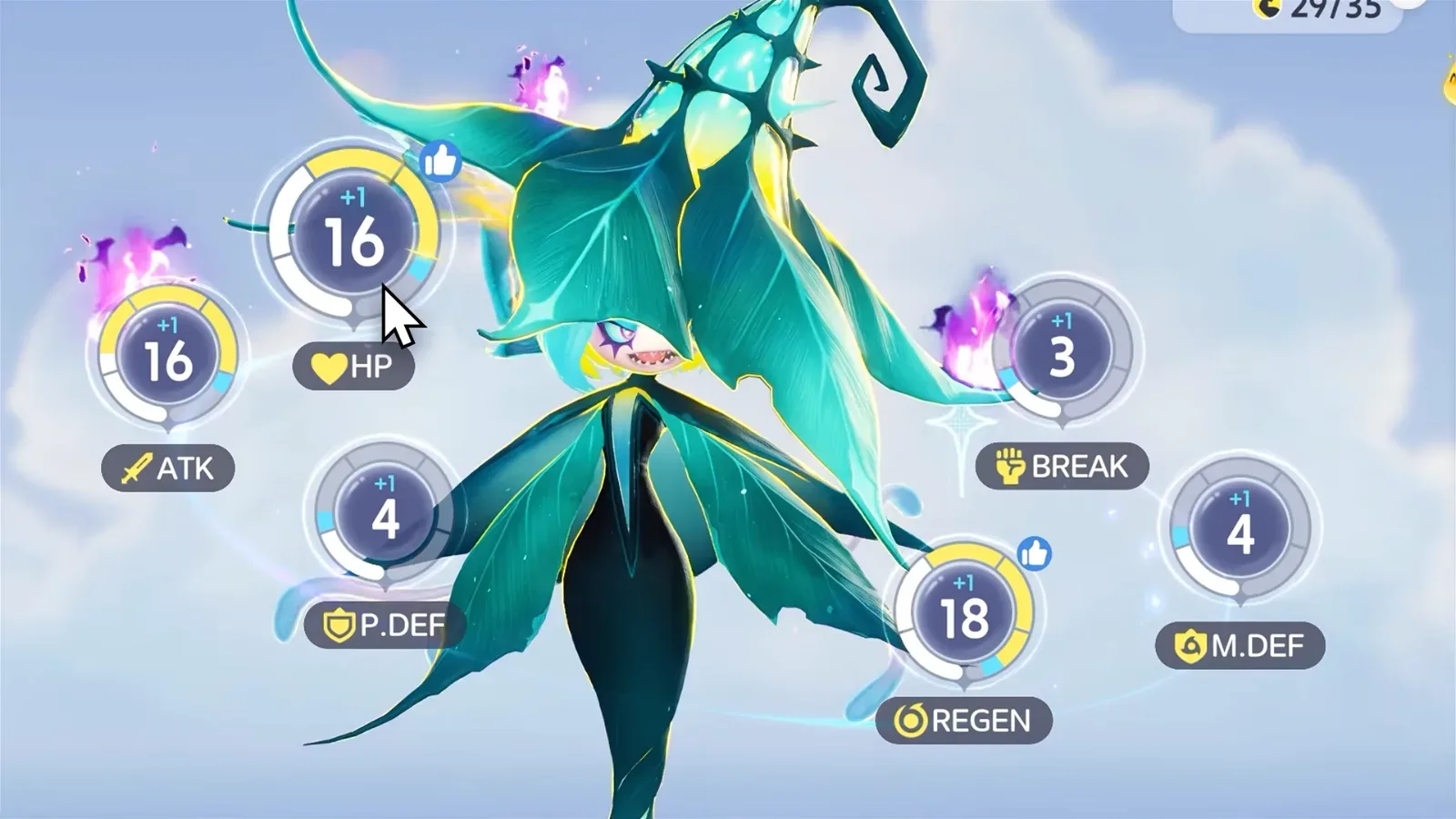 Aniimo Hexxin Capability Awakening wheel at 29 of 35: REGEN 18, ATK 16, HP 16, P.DEF 4, M.DEF 4 and BREAK 3