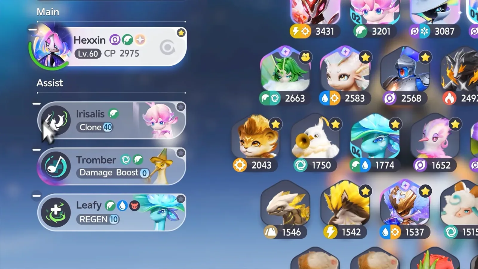 Aniimo Egg Heist squad screen: Hexxin Lv.60 CP 2975 as Main, with Irisalis Clone 40, Tromber Damage Boost 0 and Leafy REGEN 10 as Assist