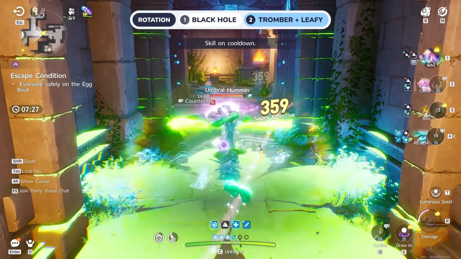 Aniimo Egg Heist Chaos run with the rotation overlay at step 2, Tromber and Leafy, Hexxin hitting an Umbral Hummin for 359 inside the green Vitality Blooms circle