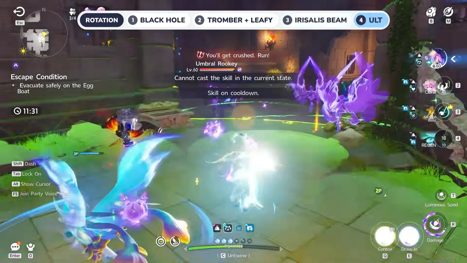 Aniimo Egg Heist rotation overlay at step 4, Ult, with Irisalis clones on the field and an Umbral Rookey Lv.60 in the room