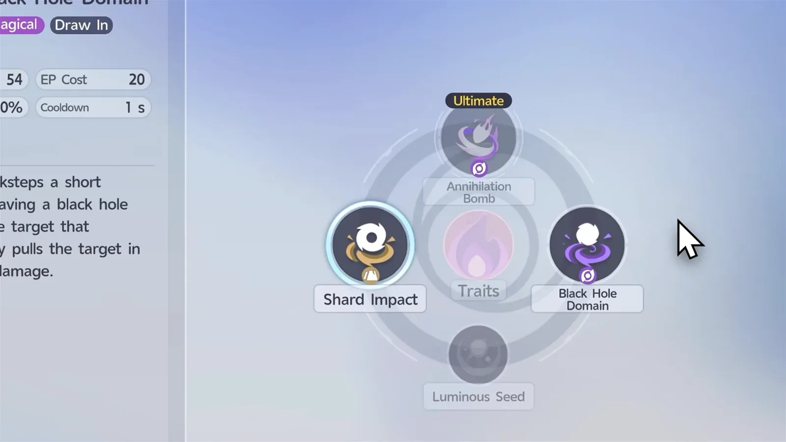 Aniimo Hexxin skill wheel with Shard Impact and Black Hole Domain equipped, Annihilation Bomb as Ultimate, Luminous Seed below