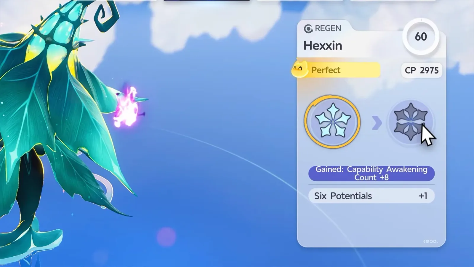 Aniimo Hexxin star-up panel, REGEN role, Lv.60, Perfect, CP 2975: the next star grants Capability Awakening Count +8 and Six Potentials +1