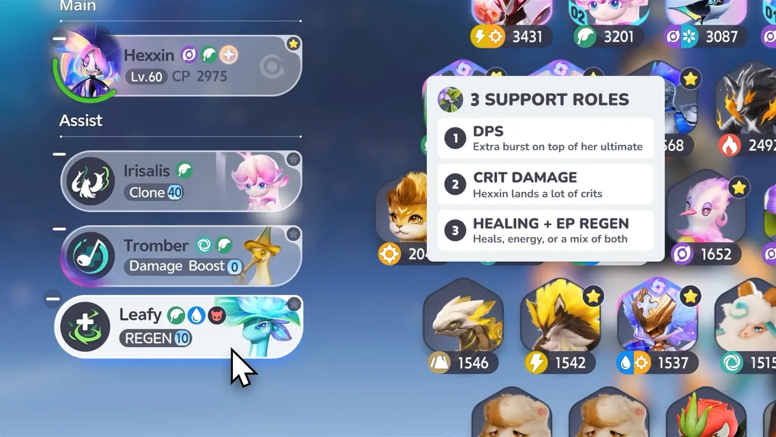 Aniimo squad screen with LEWIS’s 3 Support Roles card: DPS for extra burst, Crit Damage because Hexxin lands a lot of crits, Healing plus EP Regen