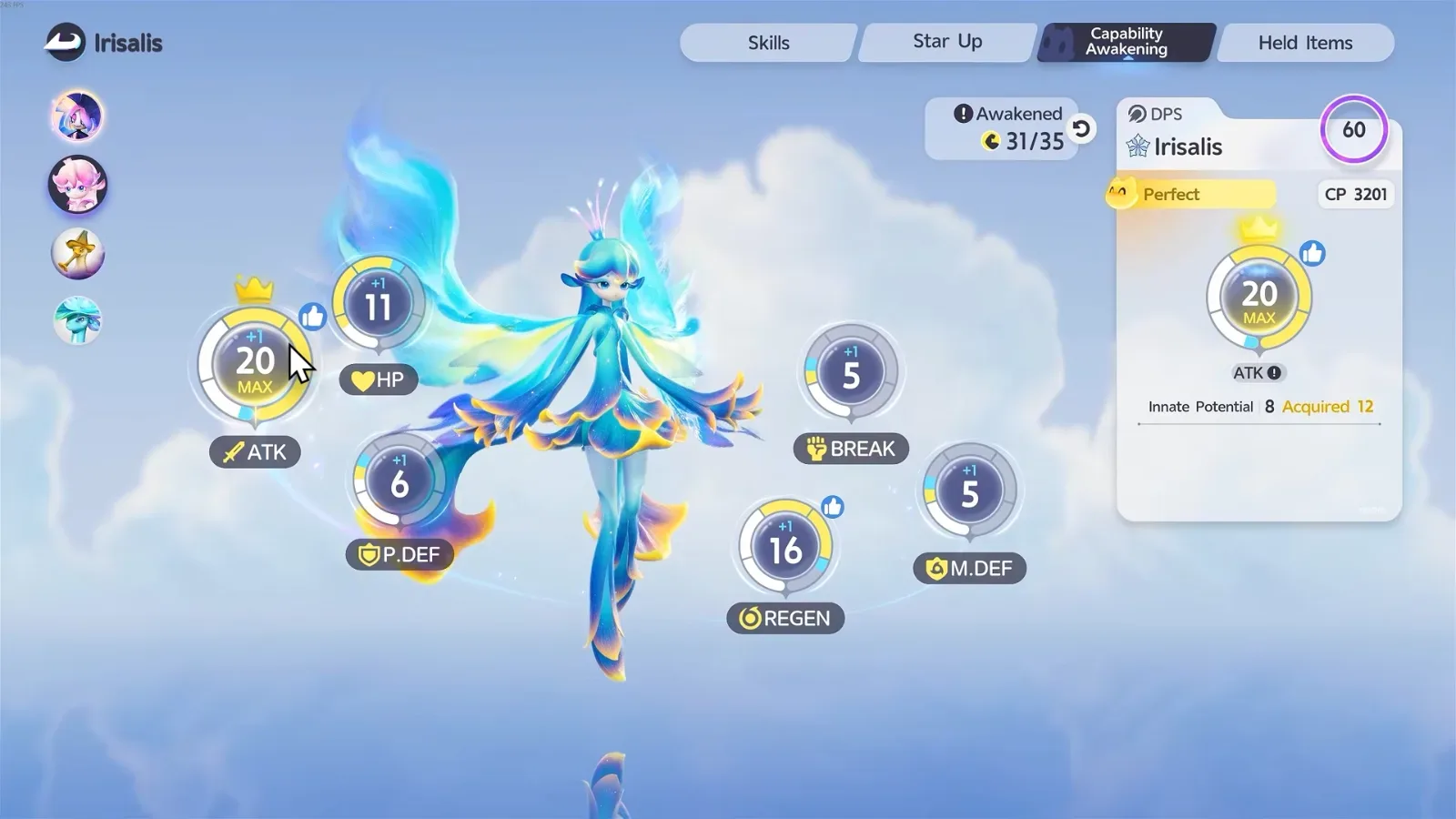 Aniimo Irisalis Capability Awakening at 31 of 35, CP 3201, Perfect: ATK 20 MAX, REGEN 16, HP 11, BREAK 5, M.DEF 5, P.DEF 6