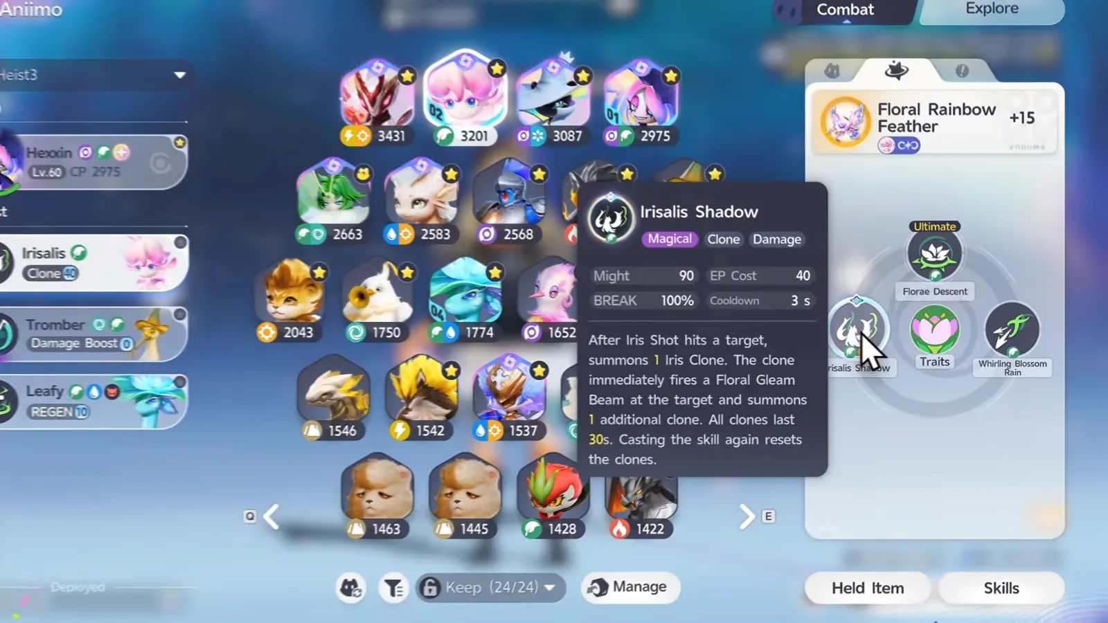 Aniimo Irisalis Shadow skill card, Magical, Clone and Damage, Might 90, EP Cost 40, Cooldown 3 s, summoning one Iris Clone for 30 s