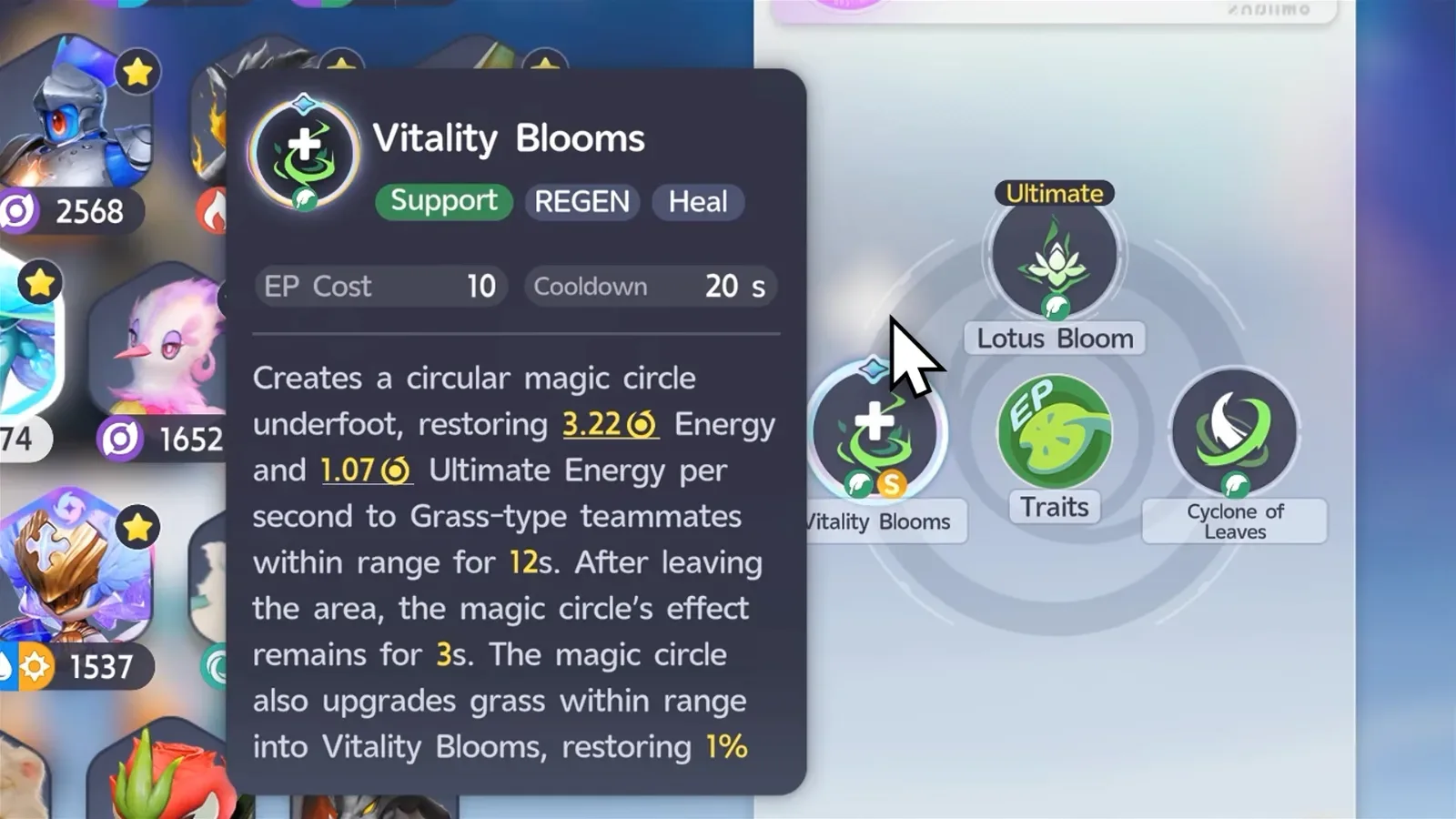 Aniimo Leafy Vitality Blooms card, EP Cost 10, Cooldown 20 s, restoring 3.22 Energy and 1.07 Ultimate Energy per second to Grass-type teammates for 12 s