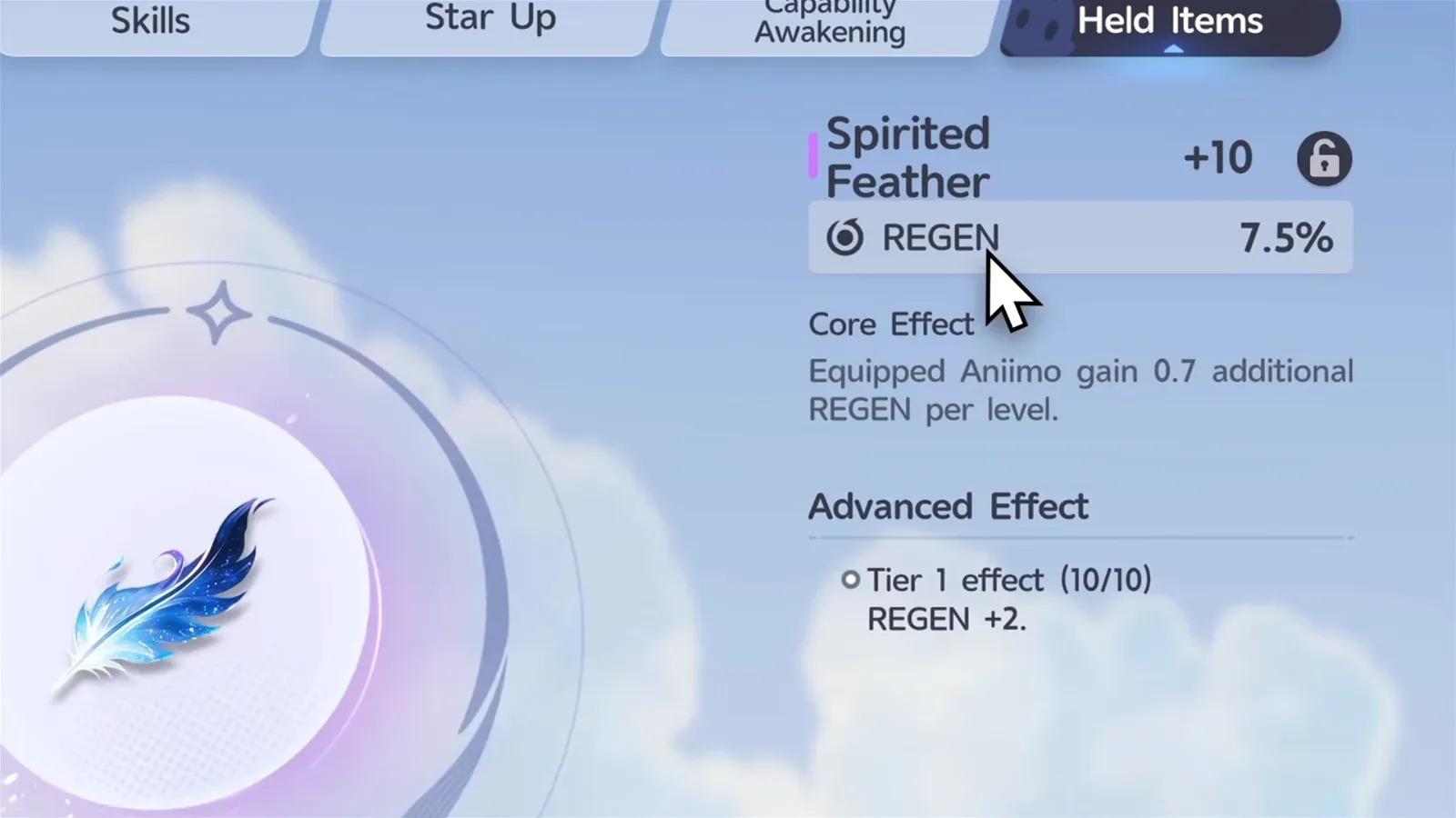 Aniimo Spirited Feather +10 held item with REGEN 7.5%, a core effect of 0.7 REGEN per level and Tier 1 REGEN +2 at 10 of 10