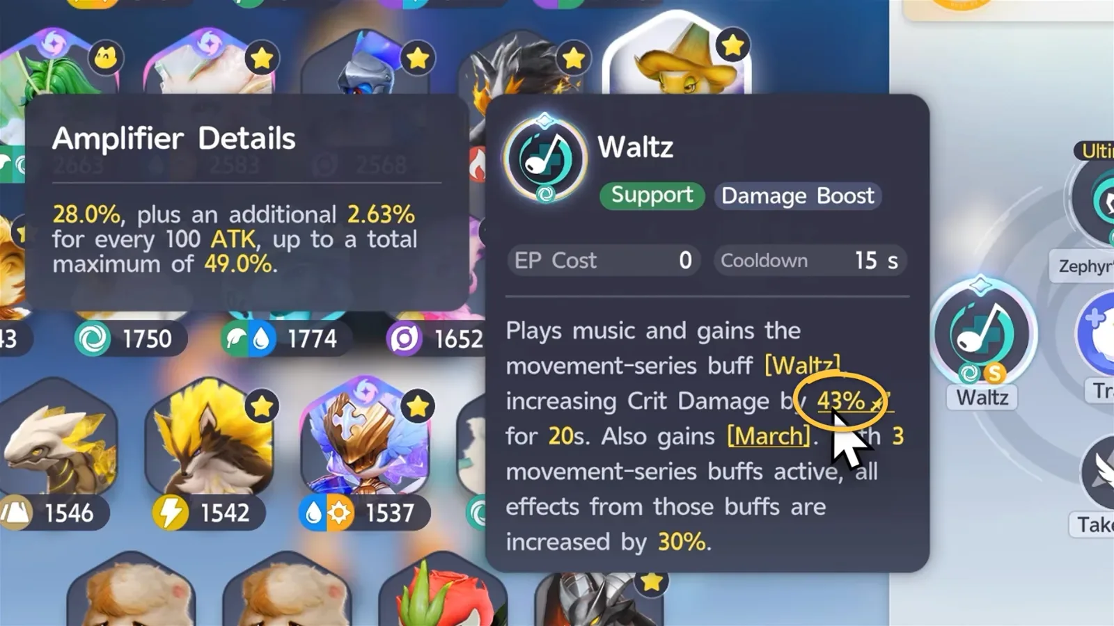 Aniimo Tromber Waltz card, Support and Damage Boost, EP Cost 0, Cooldown 15 s, Crit Damage 43% for 20 s, with the 28% plus 2.63% per 100 ATK amplifier