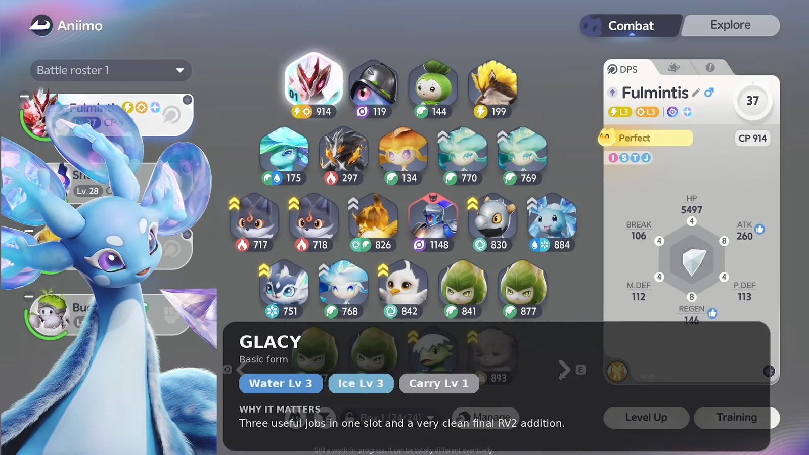 Glacy's Homeland ability panel: Water level 3, Ice level 3, Carry level 1