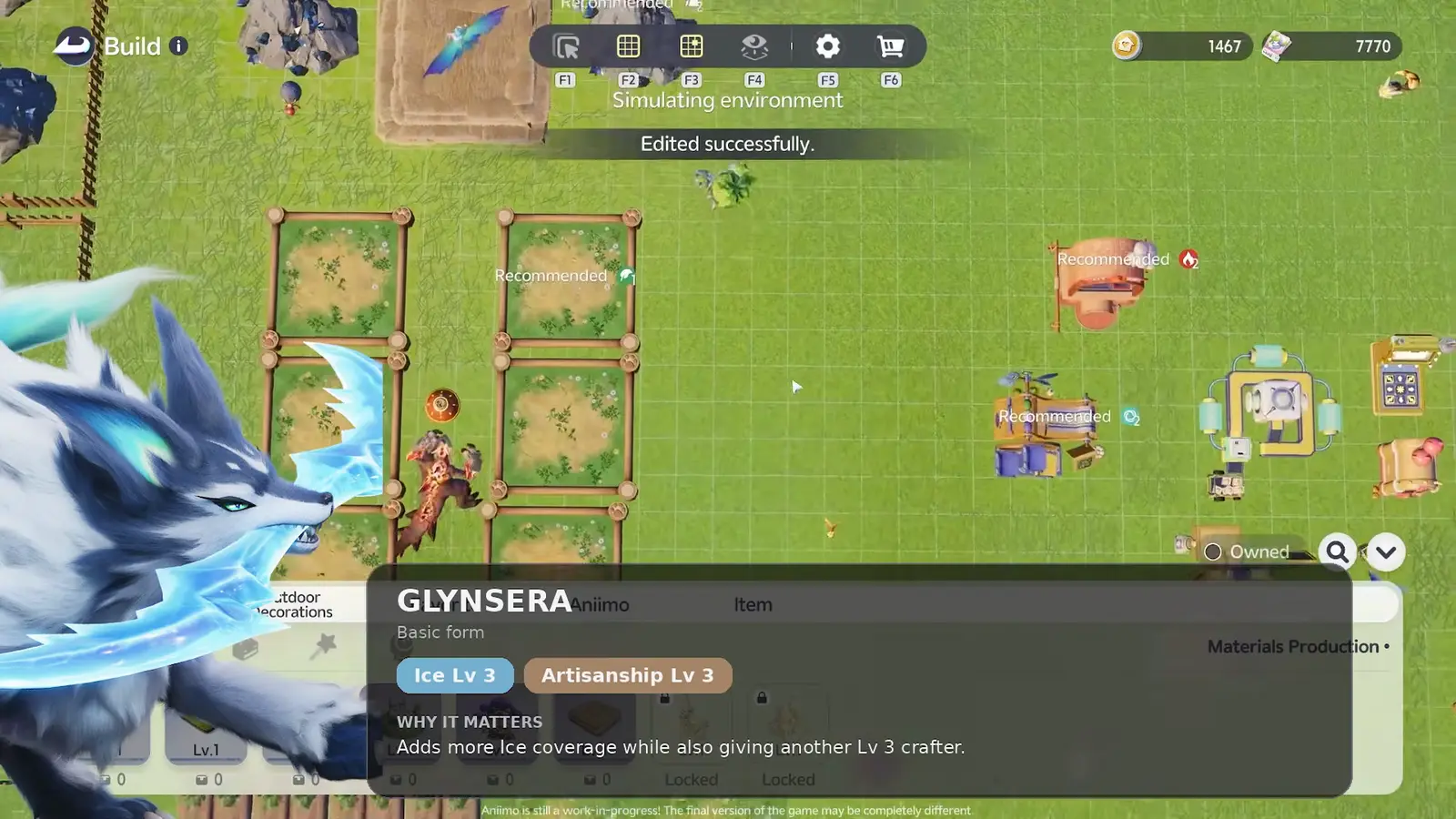 Glynsera's Homeland ability panel, Ice level 3 and Artisanship level 3, over the RV level 3 build screen