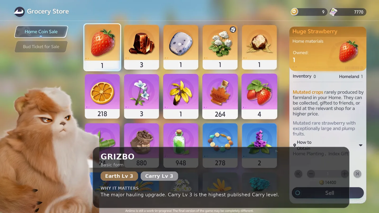 Grizbo's Homeland ability panel: Earth level 3 and Carry level 3, the biggest hauling upgrade on the list
