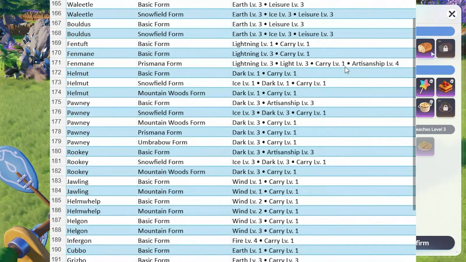 AniimoSync's free Aniimo Homeland spreadsheet, one row per Aniimo form with its job levels