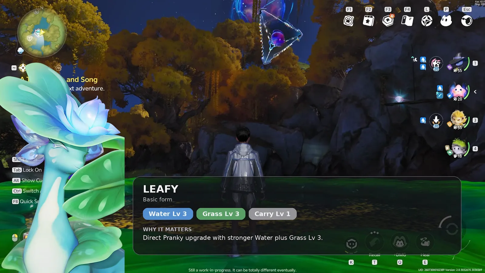 Leafy's Homeland ability panel: Water level 3, Grass level 3, Carry level 1, the direct upgrade from Pranky