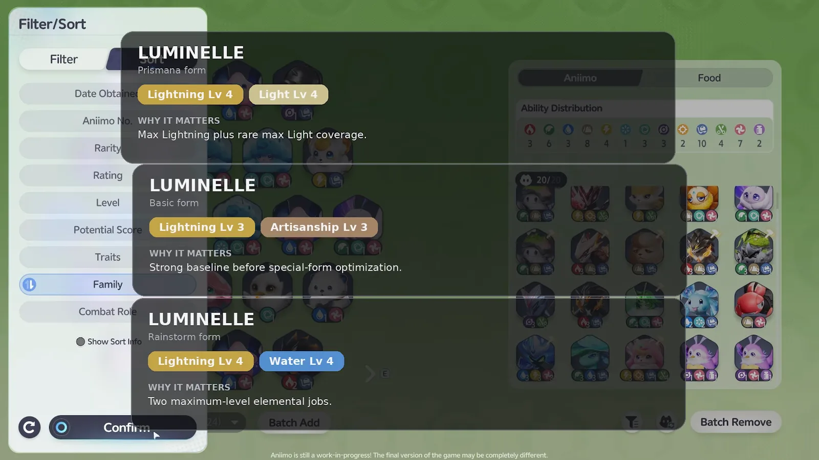Luminelle's three forms compared: basic Lightning 3 and Artisanship 3, Rainstorm Lightning 4 and Water 4, Prismana Lightning 4 and Light 4