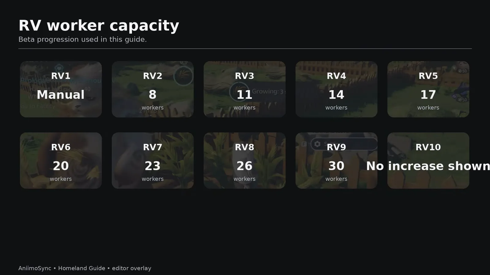 RV worker capacity from RV 1 to RV 10: manual at RV 1, 8 workers at RV 2, up to 30 at RV 9