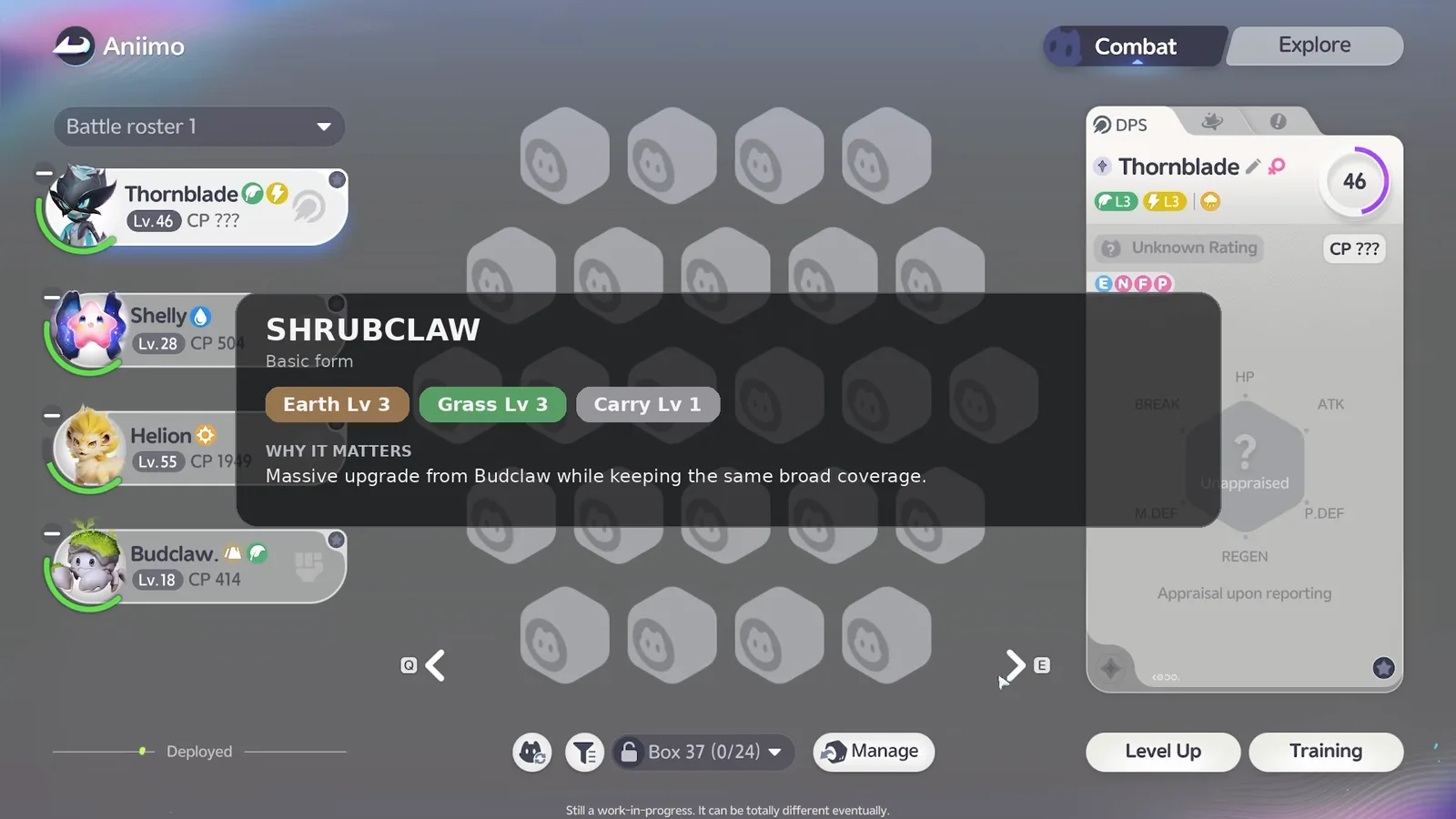 Shrubclaw's Homeland ability panel: Earth level 3, Grass level 3, Carry level 1, the upgrade from Budclaw