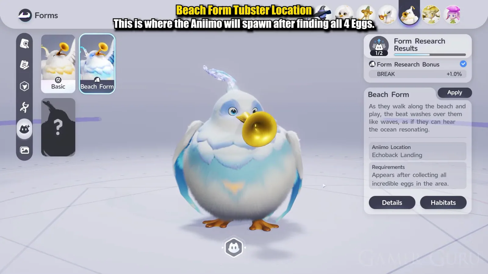 The Aniimo Forms panel showing Beach Form Tubster with Aniimo Location Echoback Landing and Requirements reading Appears after collecting all incredible eggs in the area
