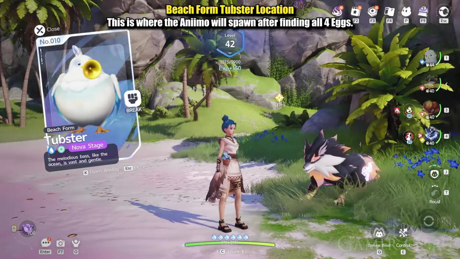 The Aniimo entry for No.010 Beach Form Tubster, a white bird with a golden trumpet beak, showing Level 42, the BREAK role icon and a Nova Stage tag
