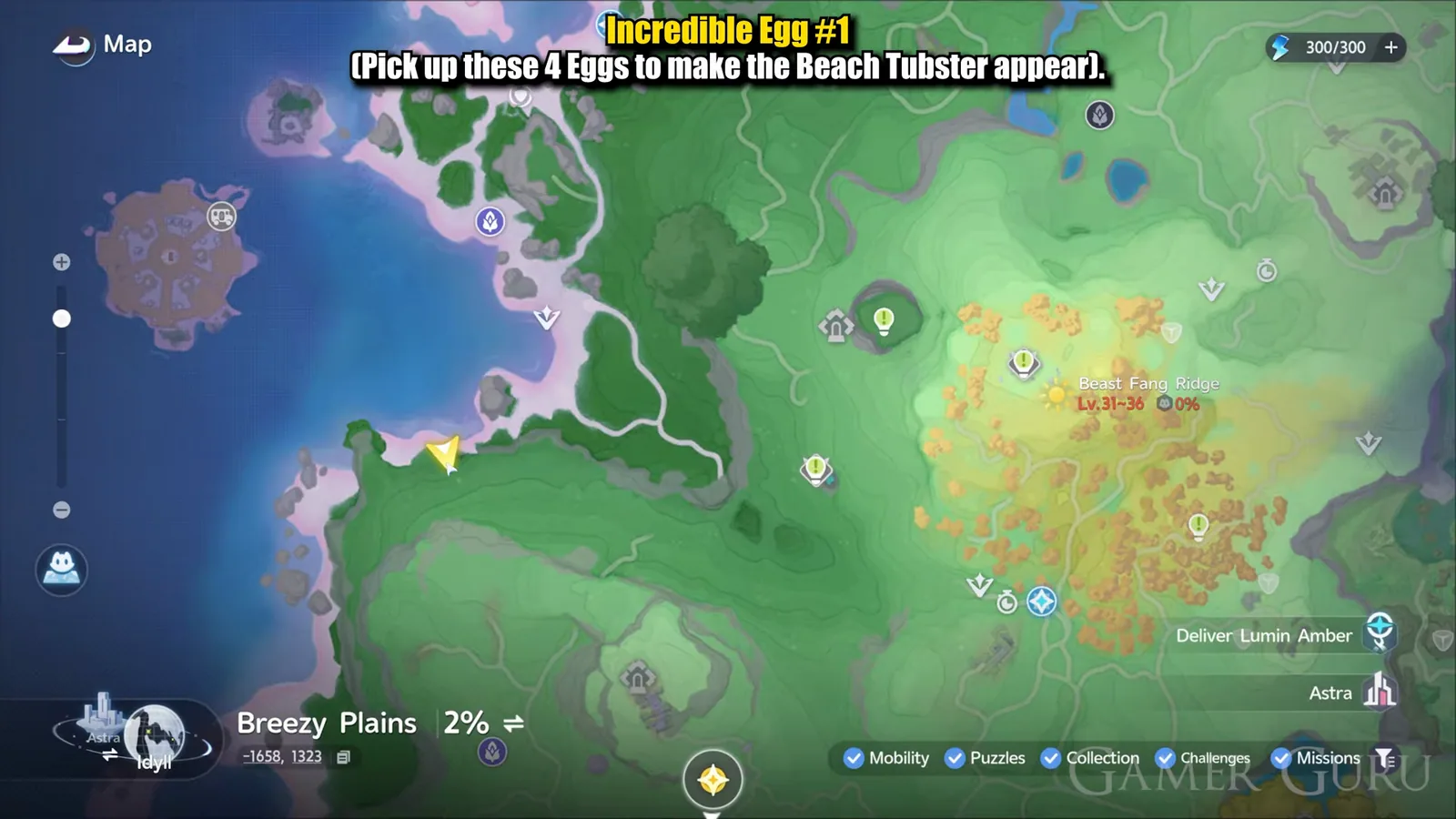 Aniimo map zoomed to the west coast of Echoback Landing, the cursor on the green headland below the beach where the first Incredible Egg sits