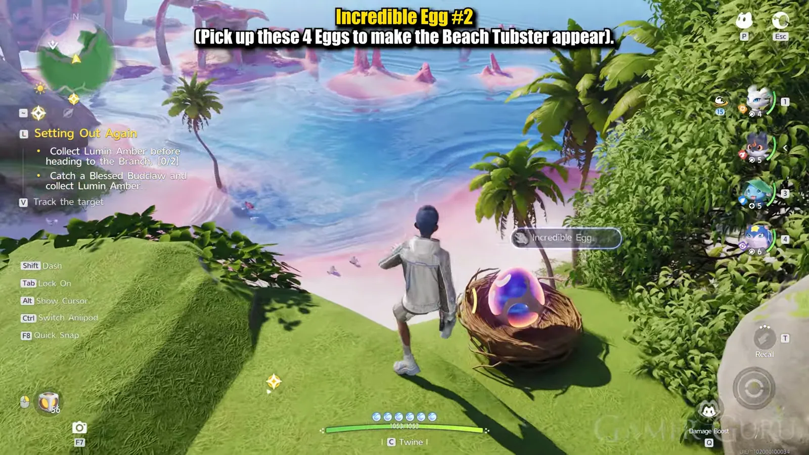 The second Incredible Egg in Aniimo, in a nest on open grass above a shallow pink and blue lagoon in Echoback Landing, with the Incredible Egg prompt on screen