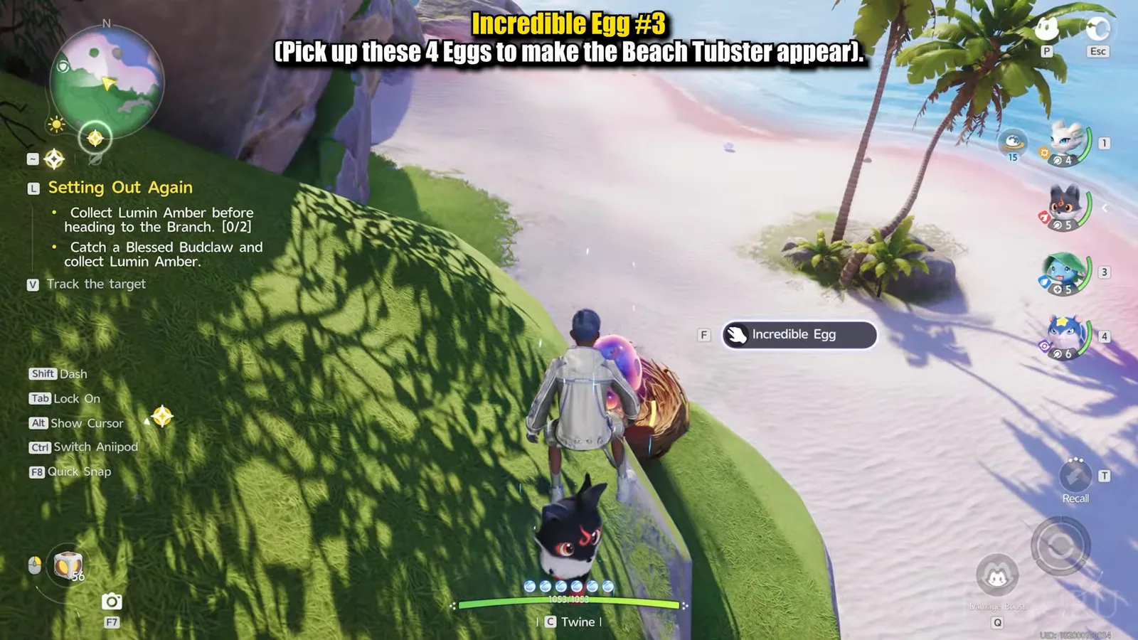 The third Incredible Egg in Aniimo, in a nest on a mossy slope above the pink beach and palms of Echoback Landing, with the Incredible Egg prompt on screen