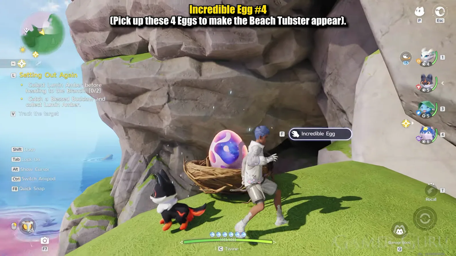 The fourth Incredible Egg in Aniimo, in a nest on the mossy top of a grey boulder in Echoback Landing, with the F Incredible Egg prompt on screen and the cliff face behind