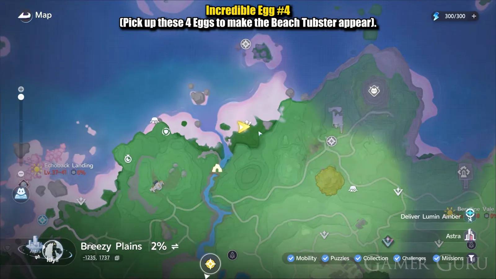 Aniimo map of the Echoback Landing north coast with the cursor on the small headland east of the river mouth, where the fourth Incredible Egg sits