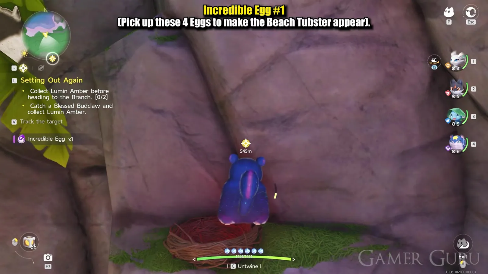 The Incredible Egg x1 pickup toast in Aniimo beside the emptied twig nest on the purple cliff in Echoback Landing, with a Blessed Budclaw standing on the nest