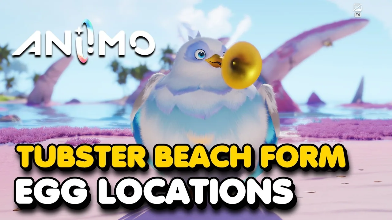 Gamer Guru’s Echoback Landing Incredible Eggs video thumbnail: the white and blue Beach Form Tubster on the pink sand of Echoback Landing