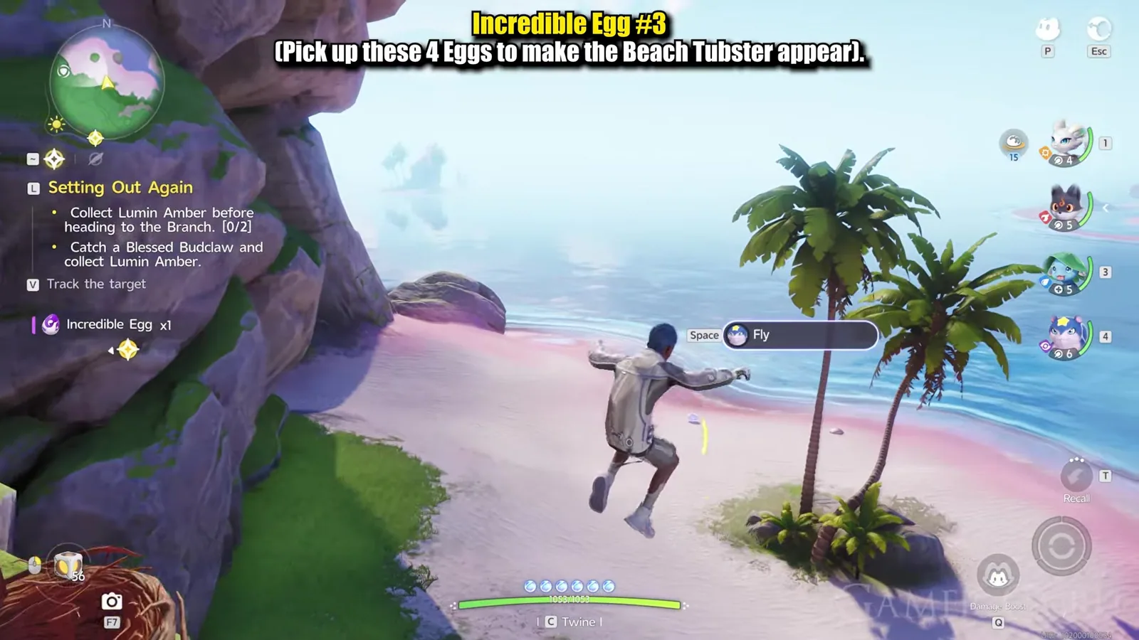 The Pathfinder leaping off a grassy headland towards the pink sand beach of Echoback Landing in Aniimo, with the Space Fly prompt on screen and palms below