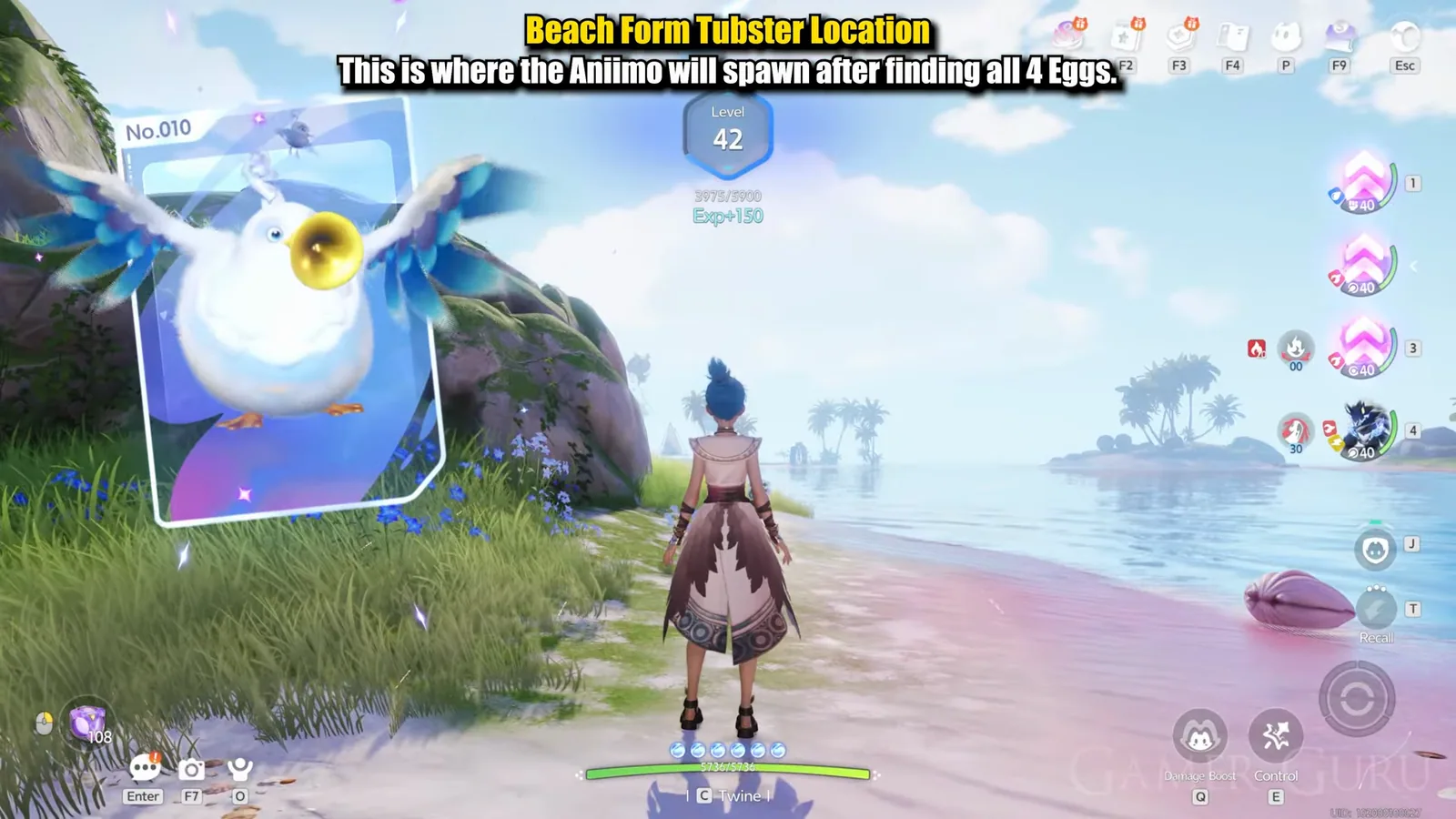The No.010 Beach Form Tubster catch card in Aniimo, showing a round white and blue bird with a gold horn beak, over the mossy boulder and blue flowers at the top of the Echoback Landing beach