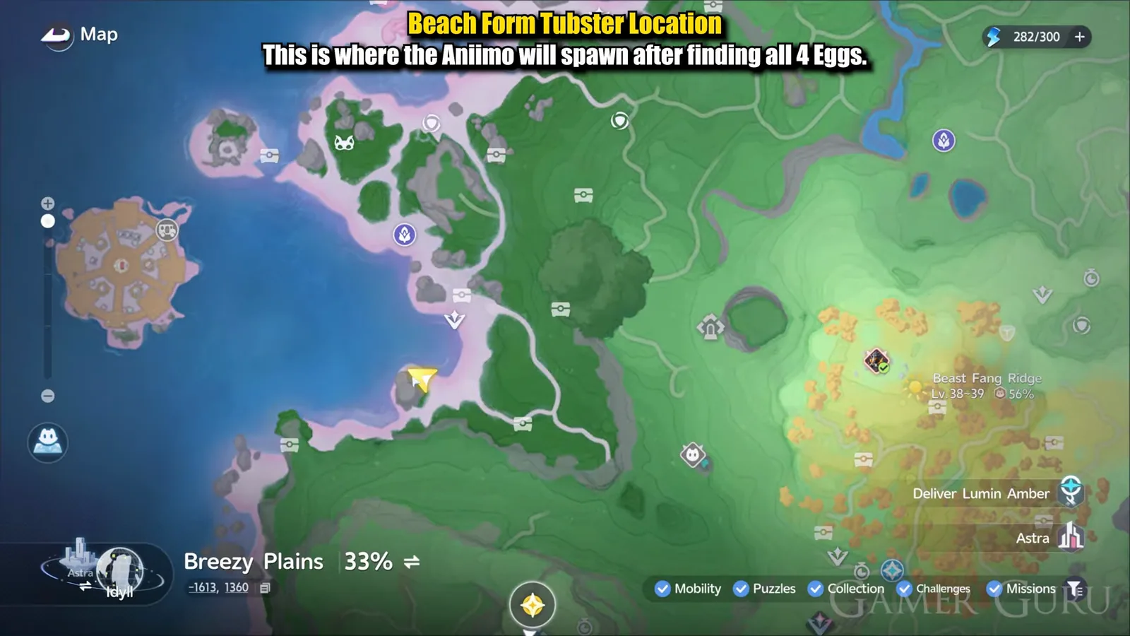 Aniimo map with the cursor on the Echoback Landing beach south of the region Bloom, marking where Beach Form Tubster spawns
