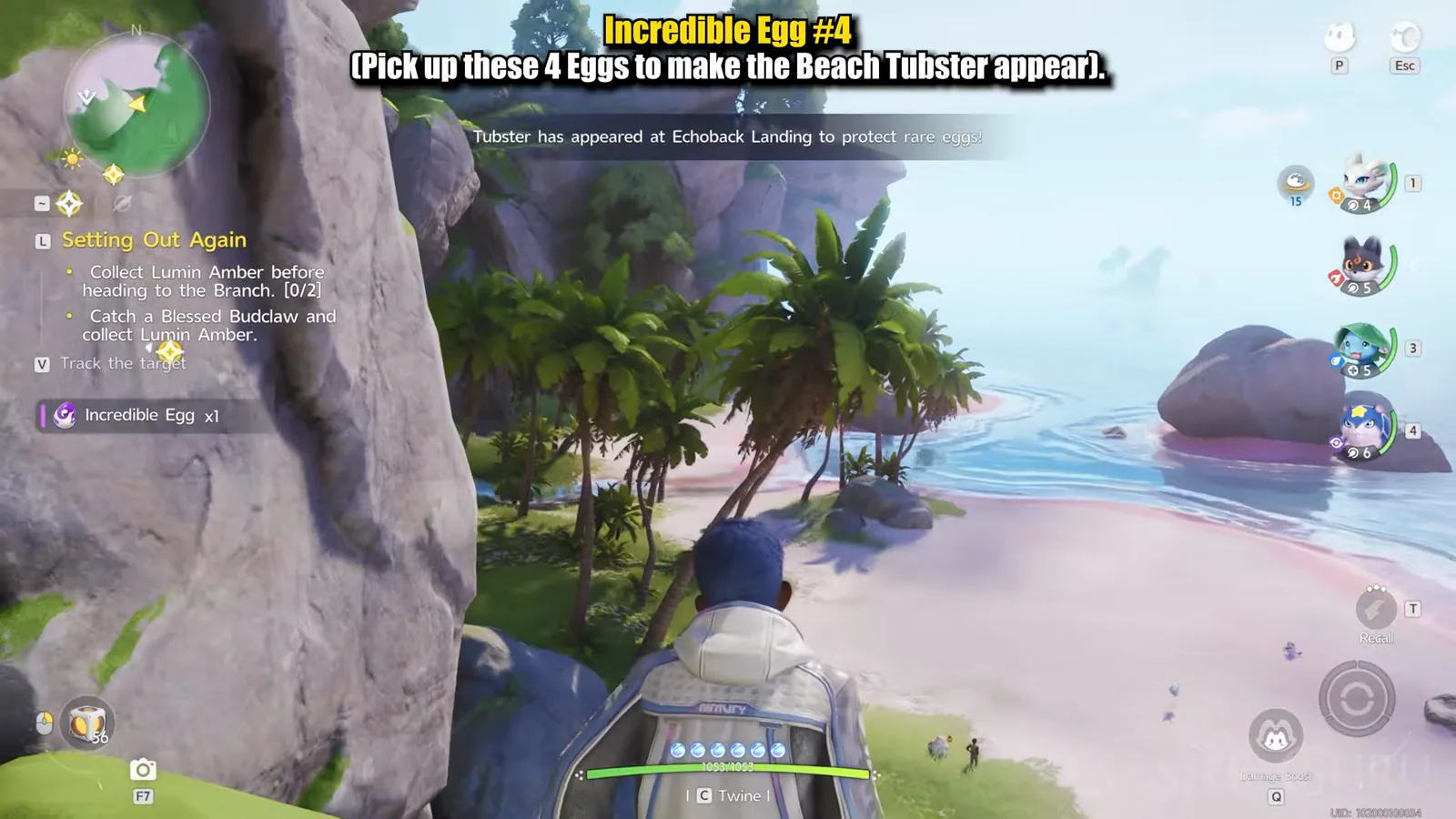 The Aniimo system message reading Tubster has appeared at Echoback Landing to protect rare eggs, over the pink beach right after the fourth egg pickup