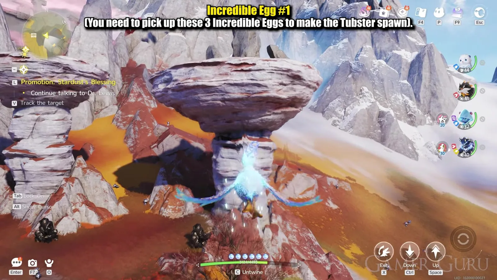 The Pathfinder flying a blue and white winged Aniimo over the red canyon of Russet Highlands, banking towards a mushroom shaped rock pillar