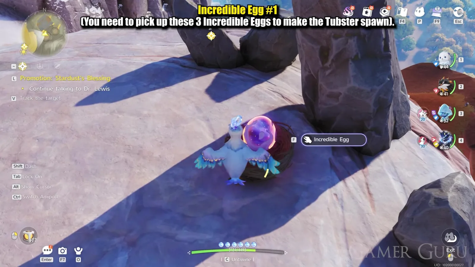 The first Incredible Egg in Aniimo, glowing purple in a twig nest on a pale banded mushroom rock in Russet Highlands, beside tall upright stones, with the F Incredible Egg prompt on screen