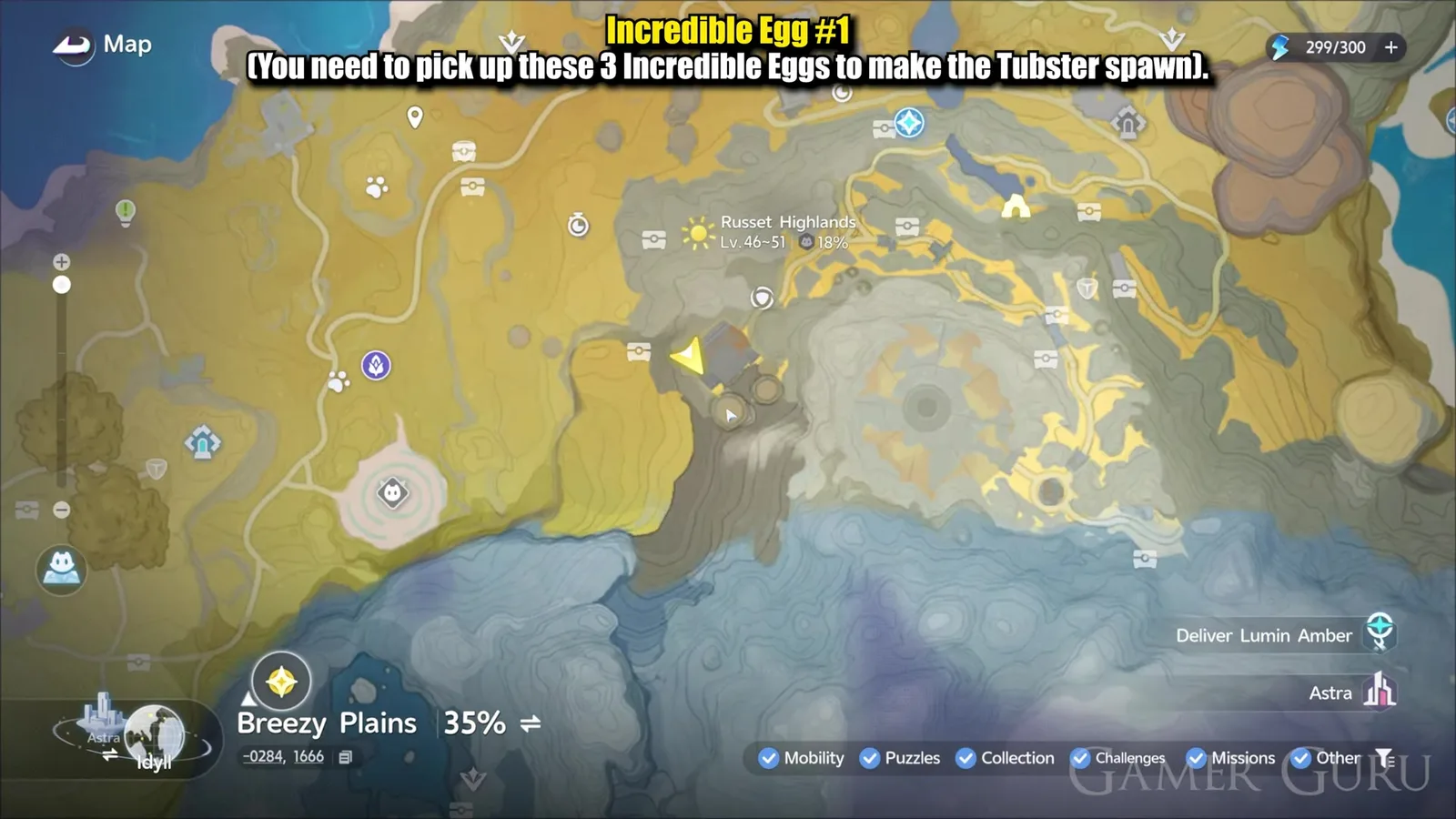 The Aniimo world map zoomed into the north east of Russet Highlands, the player marker on the spot in the red canyon where the first Incredible Egg sits, with the region label reading Lv. 46 to 51
