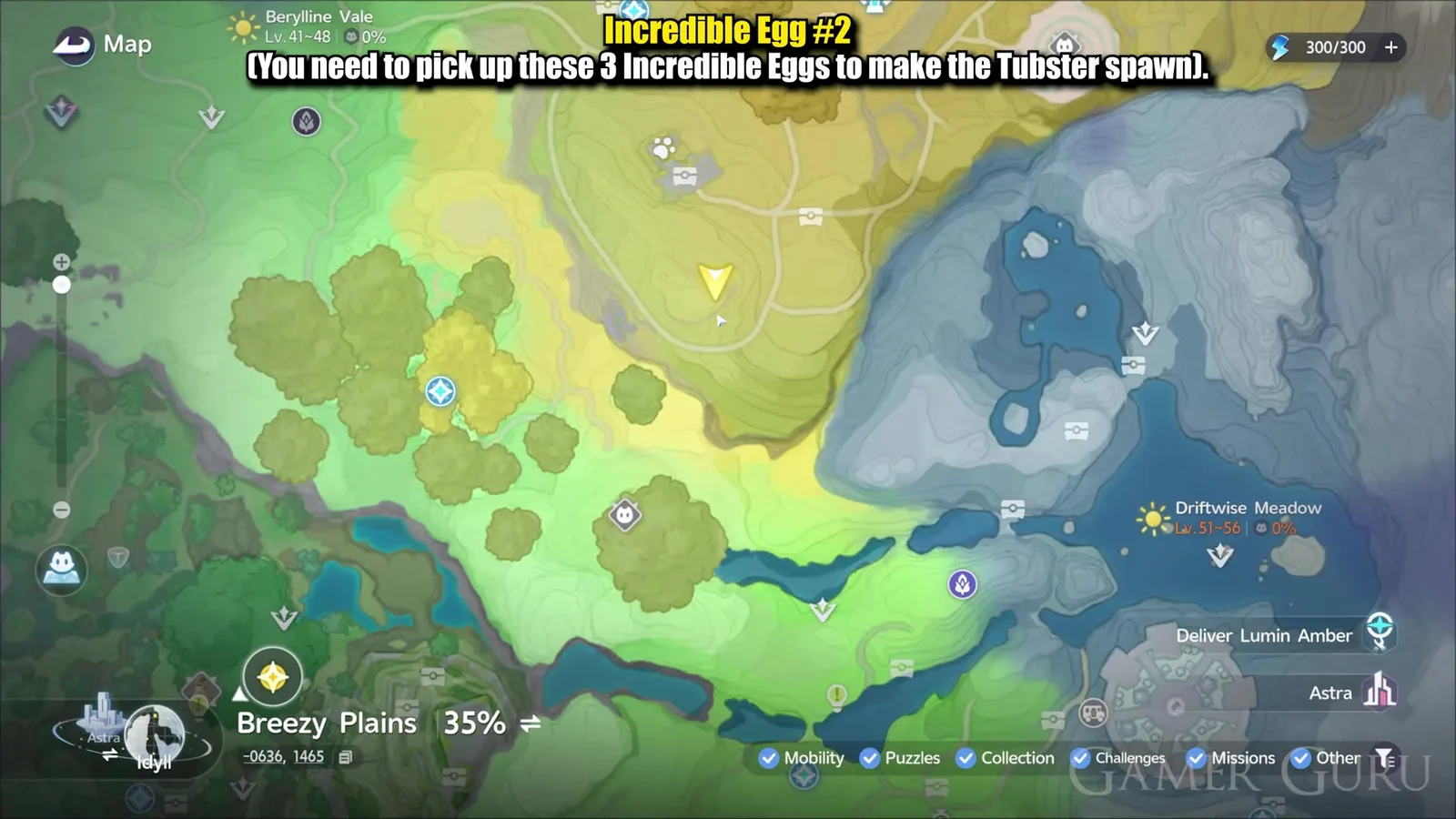 The Aniimo world map zoomed to the dry grass country between Berylline Vale and Driftwise Meadow in Russet Highlands, where the second Incredible Egg sits