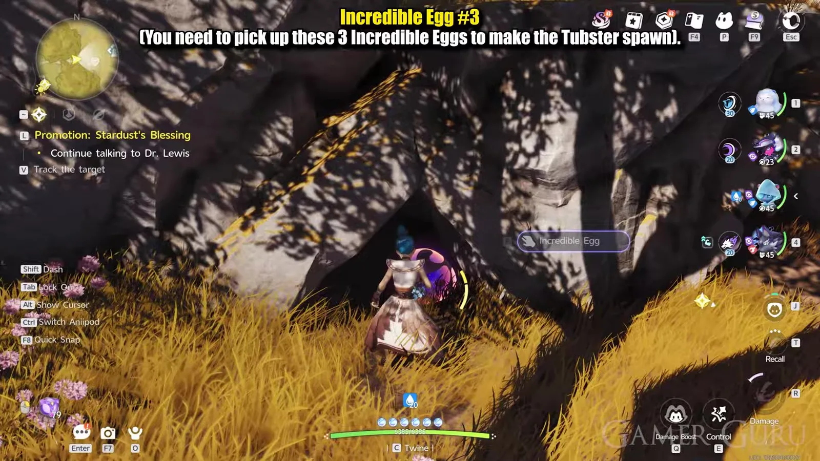 The third Incredible Egg in Aniimo, glowing in a shadowed hollow at the foot of a pale rock face in Russet Highlands, with purple flowers in the golden grass and the Incredible Egg prompt on screen