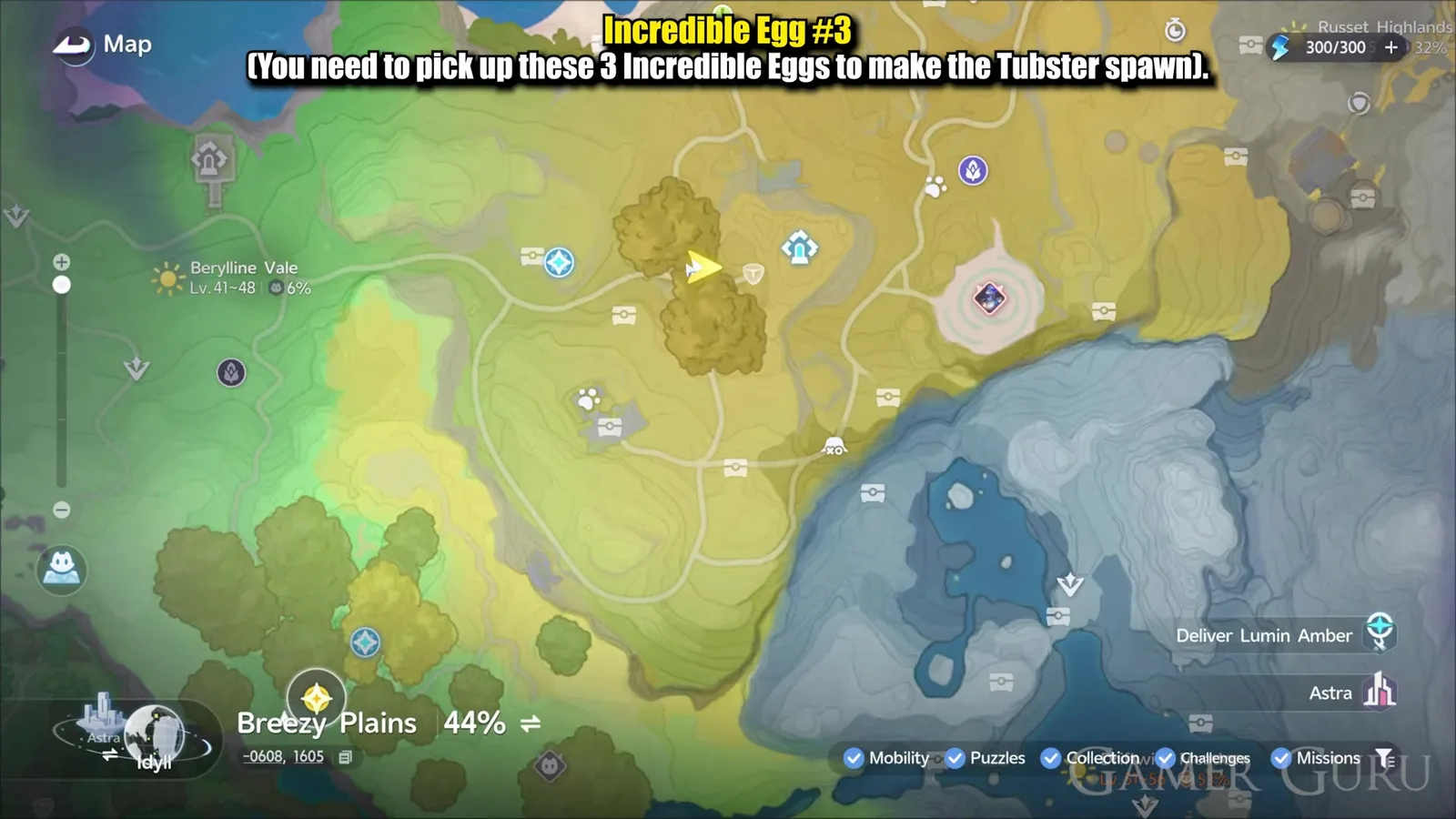 The Aniimo world map zoomed east of the Rainbow Woods Bloom in Russet Highlands, the spot where the third Incredible Egg sits, with Berylline Vale to the west