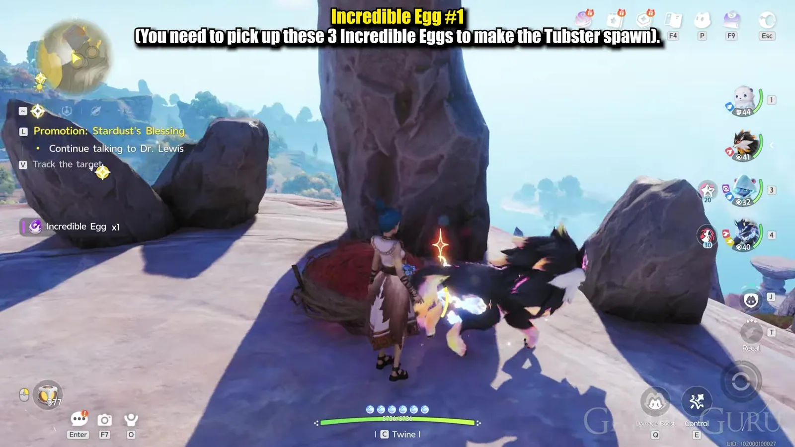 The Incredible Egg x1 pickup toast in Aniimo on the red rock of Russet Highlands, the Pathfinder standing beside a dark wolf Aniimo with a glowing mane
