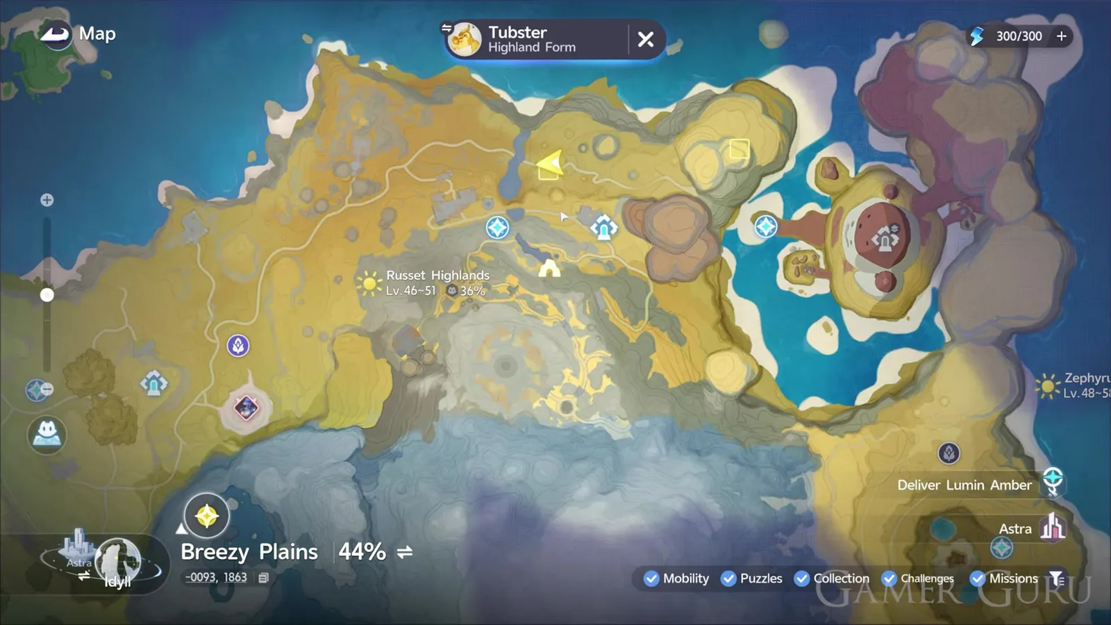 The Aniimo map opened from the Habitats button, headed Tubster Highland Form, with the spawn marked inside Russet Highlands at Lv.46~51