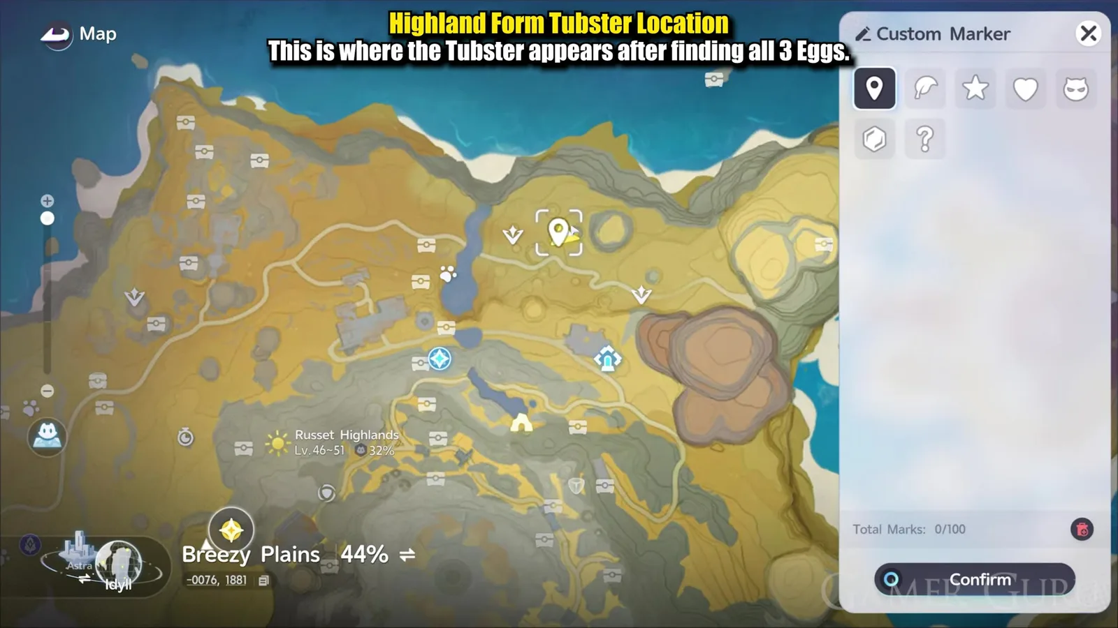 The Aniimo map with a custom marker dropped on the Highland Tubster spawn in the north east of Russet Highlands, the region label reading Lv. 46 to 51