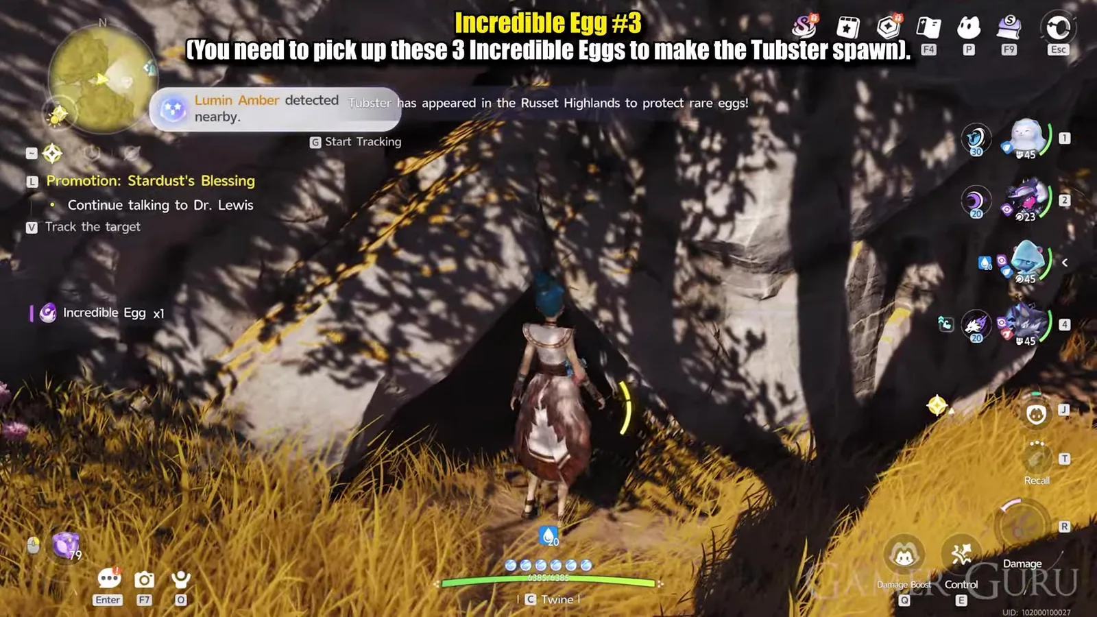 The Aniimo system message reading Tubster has appeared in the Russet Highlands to protect rare eggs, moments after the third Incredible Egg is picked up