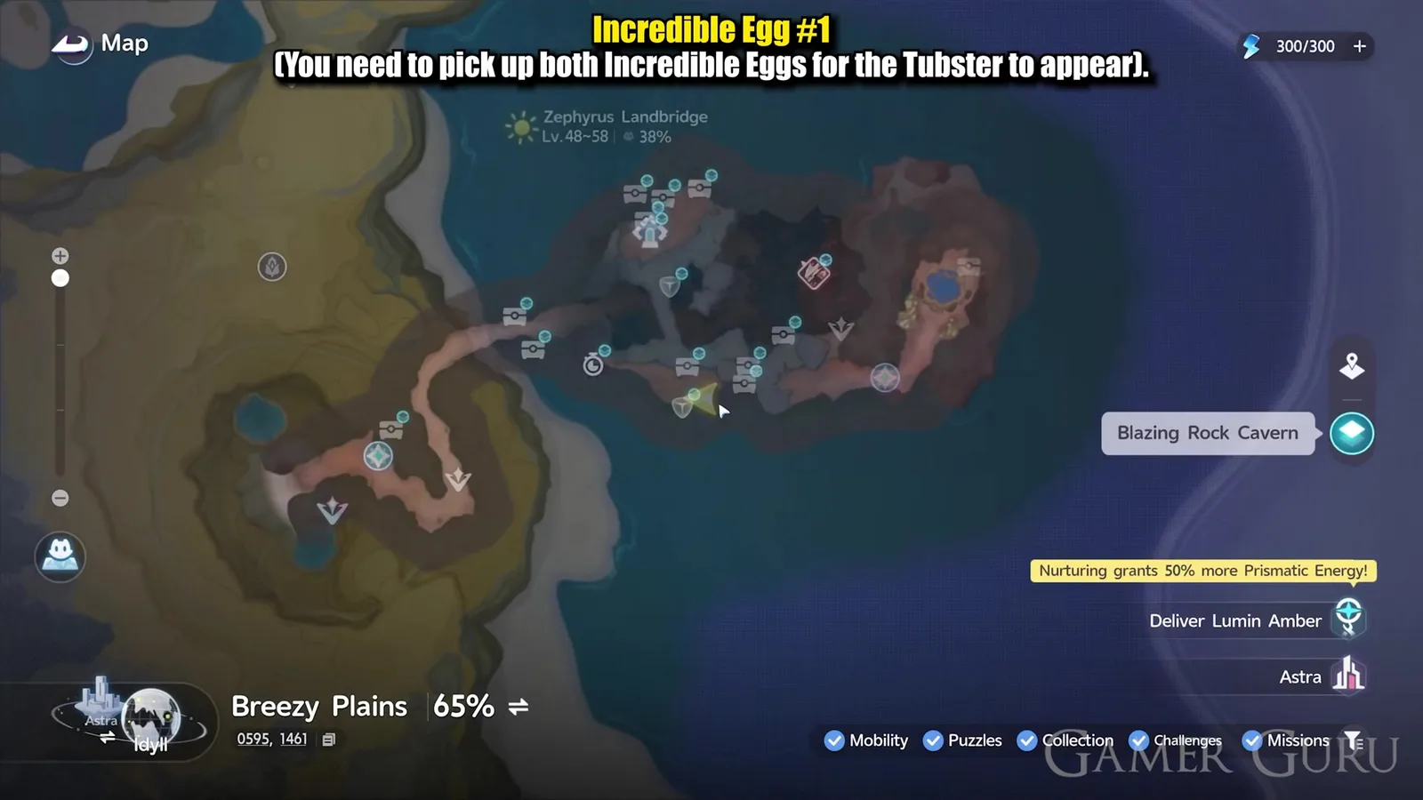 The Aniimo map after the first pickup, the Blazing Rock Cavern waypoint named on the right and the cave’s own floor plan drawn under Zephyrus Landbridge at 38 per cent