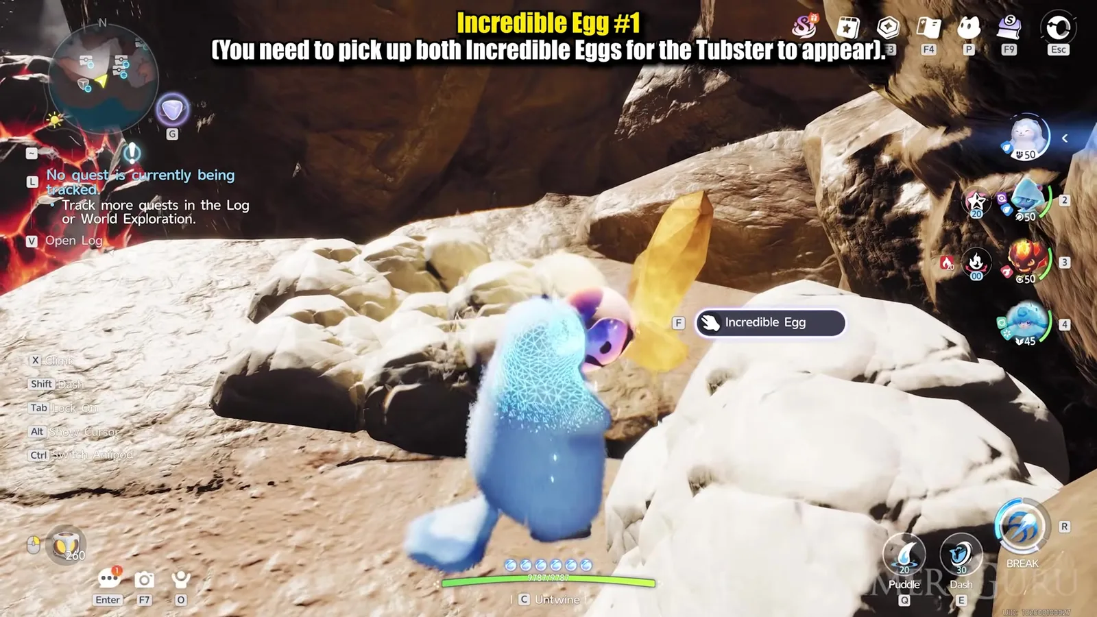 The first Incredible Egg in Aniimo on a pale rock ledge beside a tall amber crystal in the Blazing Rock Cavern, with the Incredible Egg pickup prompt on screen