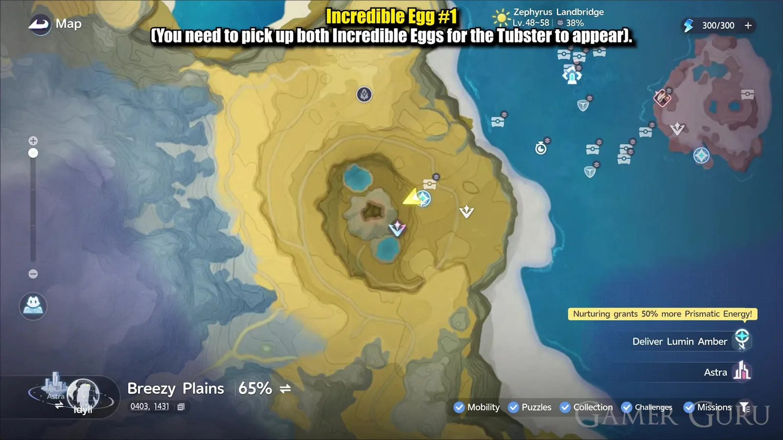 The Aniimo map zoomed to the caldera in the east of Zephyrus Landbridge, two small turquoise pools inside the crater and the player marker on its eastern rim